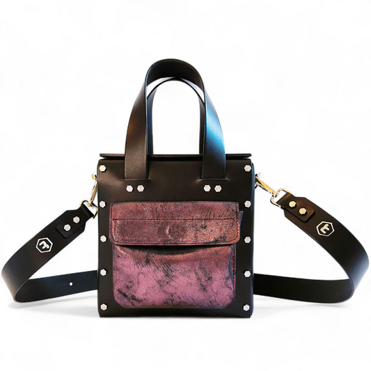 LEATHER HANDBAG "JASMINE" BLACK AND BURGUNDY
